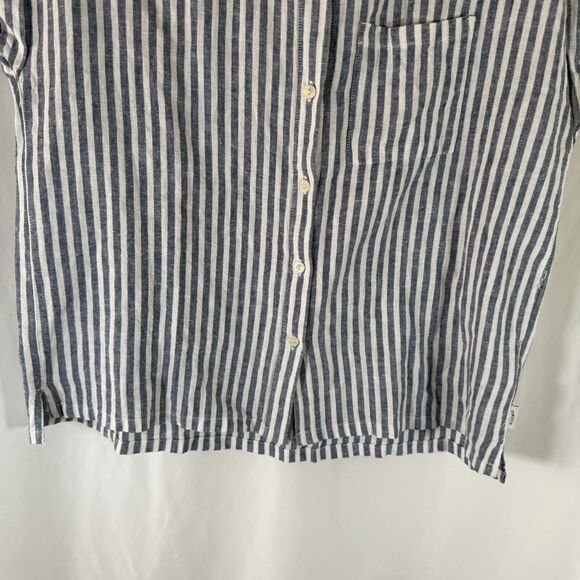Orvis Linen Blend Button Down Shirt Women's Medium Blue White Striped Short Slv - Picture 3 of 10